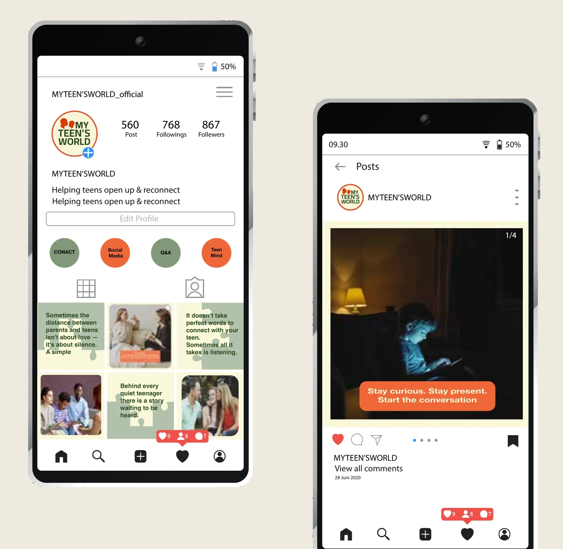 My Teen's World Instagram profile and post mockups
