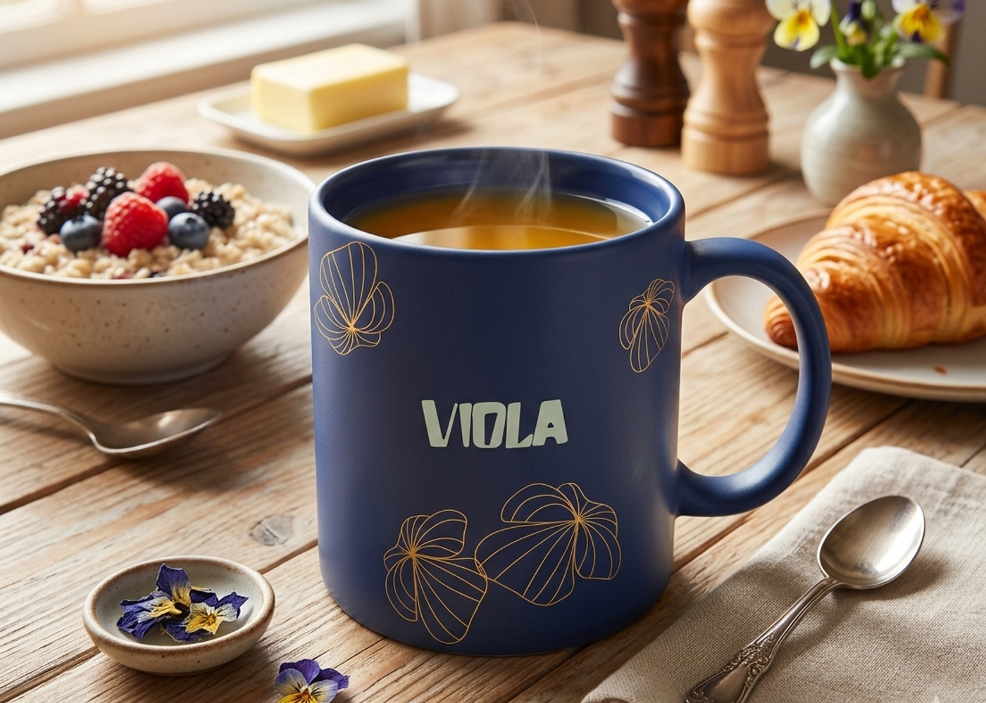 Viola-branded mug on a breakfast table